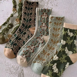 Vintage floral embroidered mid-calf socks for women featuring cute rabbit and flower motifs