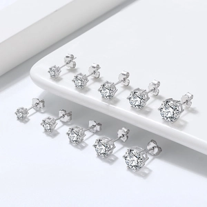 Classic 925 sterling silver six-prong round zircon earrings in five different sizes
