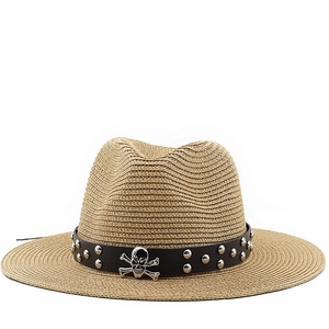 Woven Straw Fedora Hat Sun Protection Summer Beach Breathable Leather Belt Metal Rivets Skull Decoration Men Women Punk
