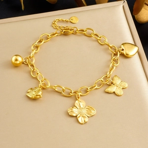 Bracelet En Acier Inoxydable Plaqué Or Pour Femmes Chaîne En O Lourde Avec Pendentifs Papillon Fleur Cœur Poisson