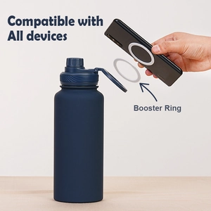 Blue magnetic sports water bottle with MagSafe phone mount holder and booster ring