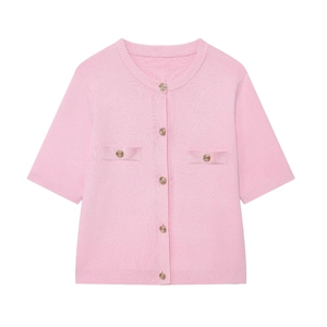 Cardigan In Maglia Maniche Corte Donna Poliestere Acrilico Girocollo Bottoni Dorati Elegante Rosa Maglione Aderente