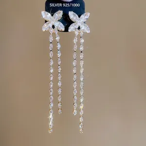 Elegant 925 silver butterfly tassel earrings with sparkling zircon crystals for women