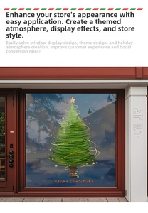 Detailed view of hand-drawn Christmas tree window decal with Merry Christmas text