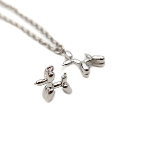 Polished silver balloon dog pendant necklace set with minimalist link chain in glossy metal