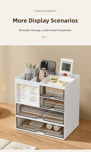 Macro detail of desktop organizer with white drawers and acrylic side slot for memos