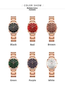 Detailed view of fashion watches with sunburst dials in six colors and rose gold bands