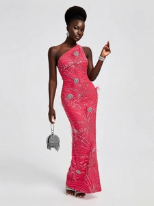 Elegant rose pink sequin evening gown with one-shoulder design and feather detailing