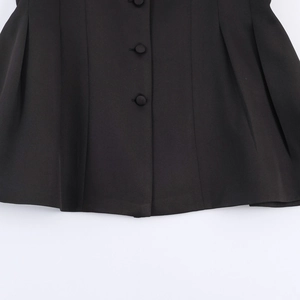 Elegant black blazer with pleated hem and matching buttons on smooth woven fabric
