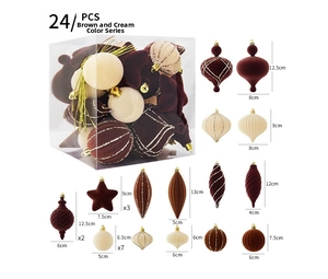 Detailed set of 24 brown and cream velvet Christmas ornaments in various festive shapes