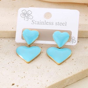 Longues boucles d'oreilles double cœur en émail bleu clair plaqué or 18 carats inox
