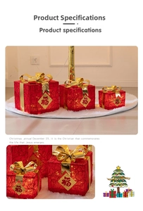 Close-up of red woven Christmas gift boxes with warm LED lights and gold Fu character