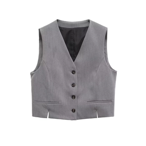 Women's 2025 grey vest and high-waist pants set with professional V-neck tailoring