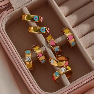 Colorful enamel C-shaped gold earrings with smile, heart, star and flower patterns