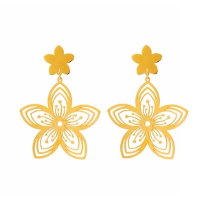 Elegant double-layered gold flower earrings with hollow petal design on white background