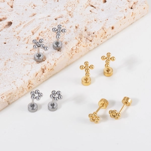 Irregular cross and flower stainless steel stud earrings set in gold and silver