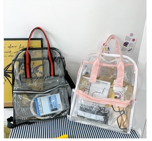 Detailed comparison of transparent PVC backpacks with black and pink trims showing capacity