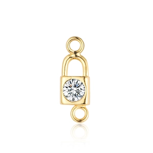 Detailed view of a gold padlock jewelry clasp with a sparkling clear cubic zirconia stone