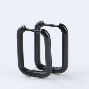 Detail view of black 10mm stainless steel U-shaped hoop earrings with a glossy finish