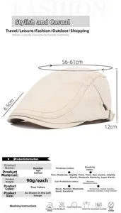 Detailed size specifications for beige cotton flat cap with dimensions and fabric details