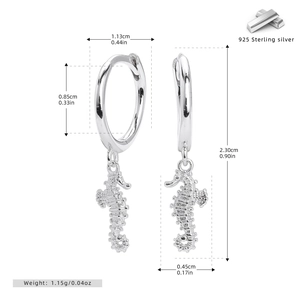 Macro detail of S925 sterling silver seahorse earrings with dimensions and weight specs