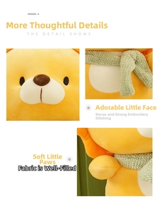 Close-up of a plush bear showing green knitted scarf texture and precise embroidery details