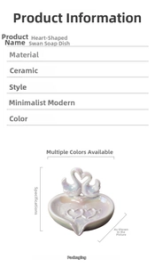 Detailed size chart for the ceramic swan soap dish with pearlescent finish dimensions
