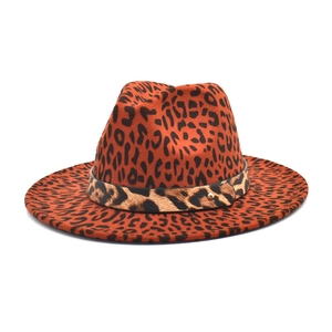 Wide brim leopard print wool fedora hat in orange brown with gold buckle detail