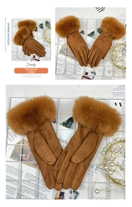 Detail of caramel winter gloves featuring plush faux fur cuffs and warm fleece lining