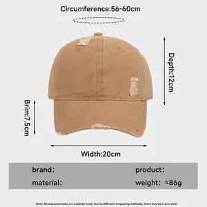 Washed cotton baseball cap with distressed holes and size chart, adjustable 56-60cm