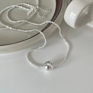 925 Sterling Silver Ball Necklace Minimalist Polished Round Bead Pendant Glitter Chain Clavicle Choker For Women