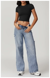 Slim fit black short sleeve sports t-shirt with high-waist wide-leg denim jeans