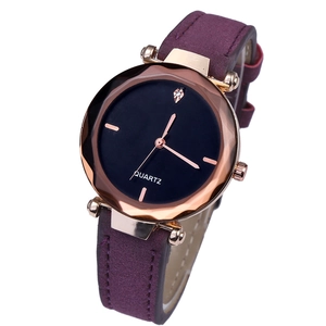 Elegant women's quartz watch with purple frosted leather strap and rose gold metal case