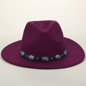 Detail of burgundy wool fedora with black leather band and silver metallic ornaments