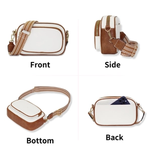 White and brown crossbody bag with wide patterned strap, stylish women's shoulder bag.