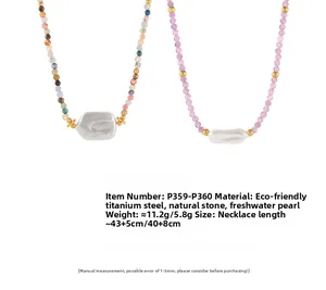 Detailed view of baroque pearl necklaces with natural colorful stones and 18k gold plating