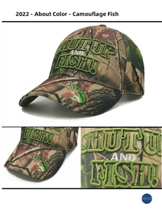 Close-up of 3D embroidery and fish motif on camo baseball cap for fishing gear