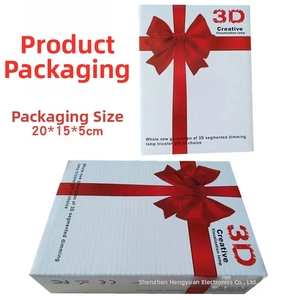 Detailed packaging for 3D visual night light with 20x15x5cm dimensions and certifications