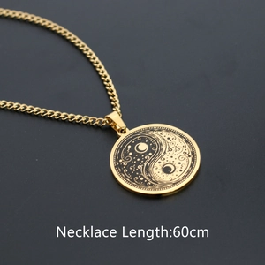 Vintage Yin Yang Tai Chi necklace for men with gold finish sun moon celestial pendant