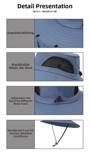 Detail showing breathable mesh vents and adjustable windproof cord on blue sun hat