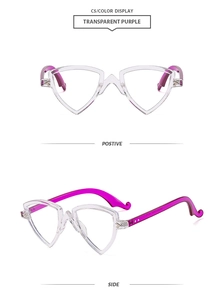 Vue détaillée de monture de lunettes triangulaire violette transparente et branches violettes