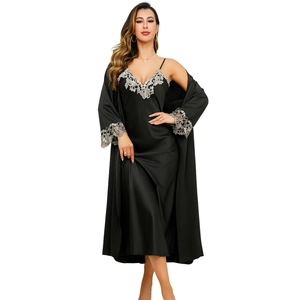 Elegant black satin lace sleepwear set with floral trim and matching belted robe for women