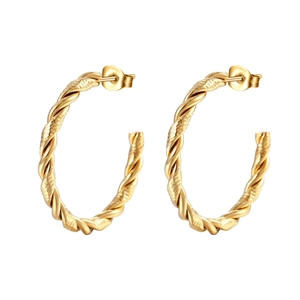 Fashionable golden stainless steel C-shaped hoop earrings with a twisted cable pattern