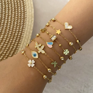 Stainless Steel Gold Plated Heart Butterfly Evil Eye Mother Of Artificial Pearl Zircon Adjustable Bracelet For Women Elegant Jewelry
