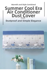 Detail of hanging air conditioner cover featuring blue swan embroidery and lace edge
