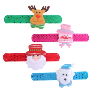 Set of 4 Christmas cartoon sequin slap bracelets with Santa, snowman and reindeer motifs.