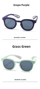 Detail view of round polarized children sunglasses in Grape Purple and Grass Green shades