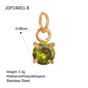 Macro detail of a 0.68cm green faceted gemstone pendant with gold stainless steel setting