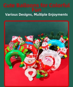 Macro detail of various inflatable Christmas headbands including Santa and Snowman designs