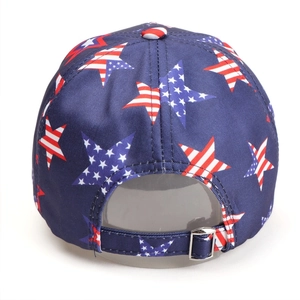 Rear view of US flag baseball cap with red stripes and star print and adjustable strap